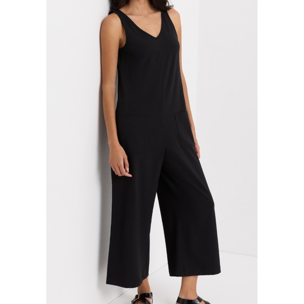 Pact Organic Cotton Cool Stretch Jumpsuit Loose Baggy Wide Leg Pockets Black .